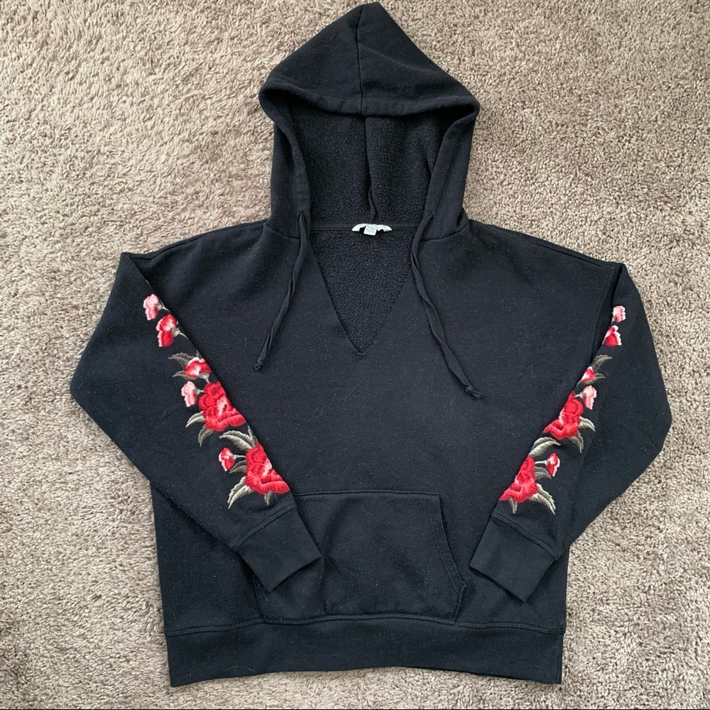 American Eagle Outfitters Black Hoodie with Red Rose Sleeve Embroidery